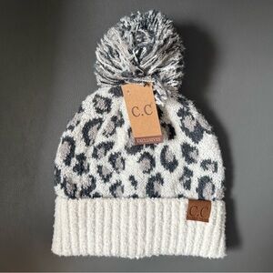 C.C Leopard Print Beanie - Cream and Gray
